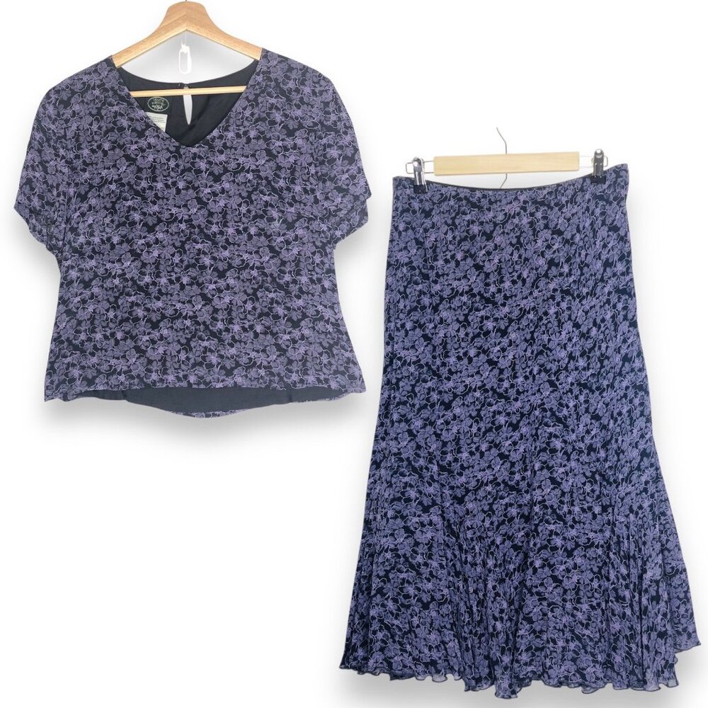 Vtg Women Laura Ashley Floral Lavender Black Midi Flare Flowy Skirt Top Sz 10 US